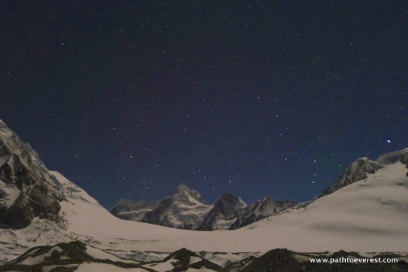 Nangpa La Pass and Yak Horn Peak at night